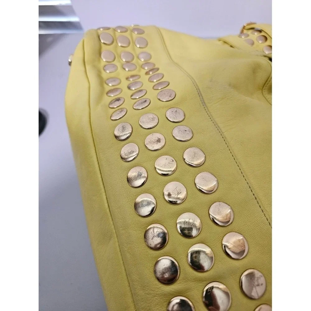 Rebecca Minkoff Devote Tote Leather Hobo Bag Yellow Studded Moto Edgy Y2K Boho ~